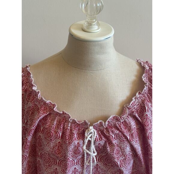 Ellos Peasant Blouse 1X 22/24 Apple Red Medallion Ruffle Trim Cap Sleeve Boho - Picture 2 of 12